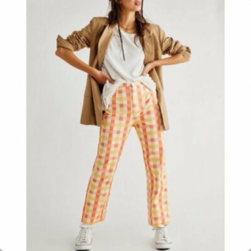 Free People Orange & Yellow She's All That Cotton Plaid Ankle Pants Size 4